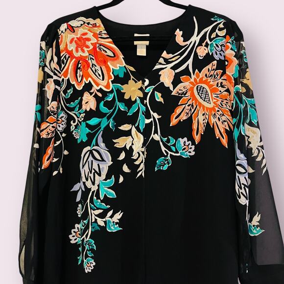 Chico's Womens Top 1 Medium Black Twofer Attached Shell Sheer Tunic Embroidered - Picture 2 of 14